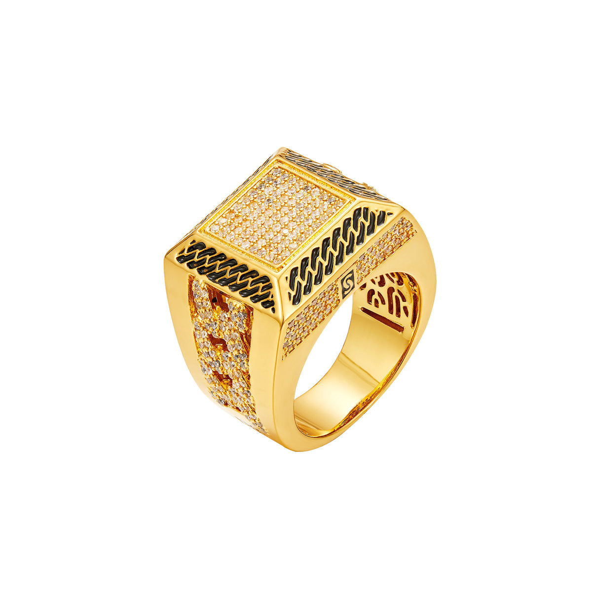 9019 |J| 18K Gold-Plated Stainless Steel Iced CZ Cuban Link Signet Ring