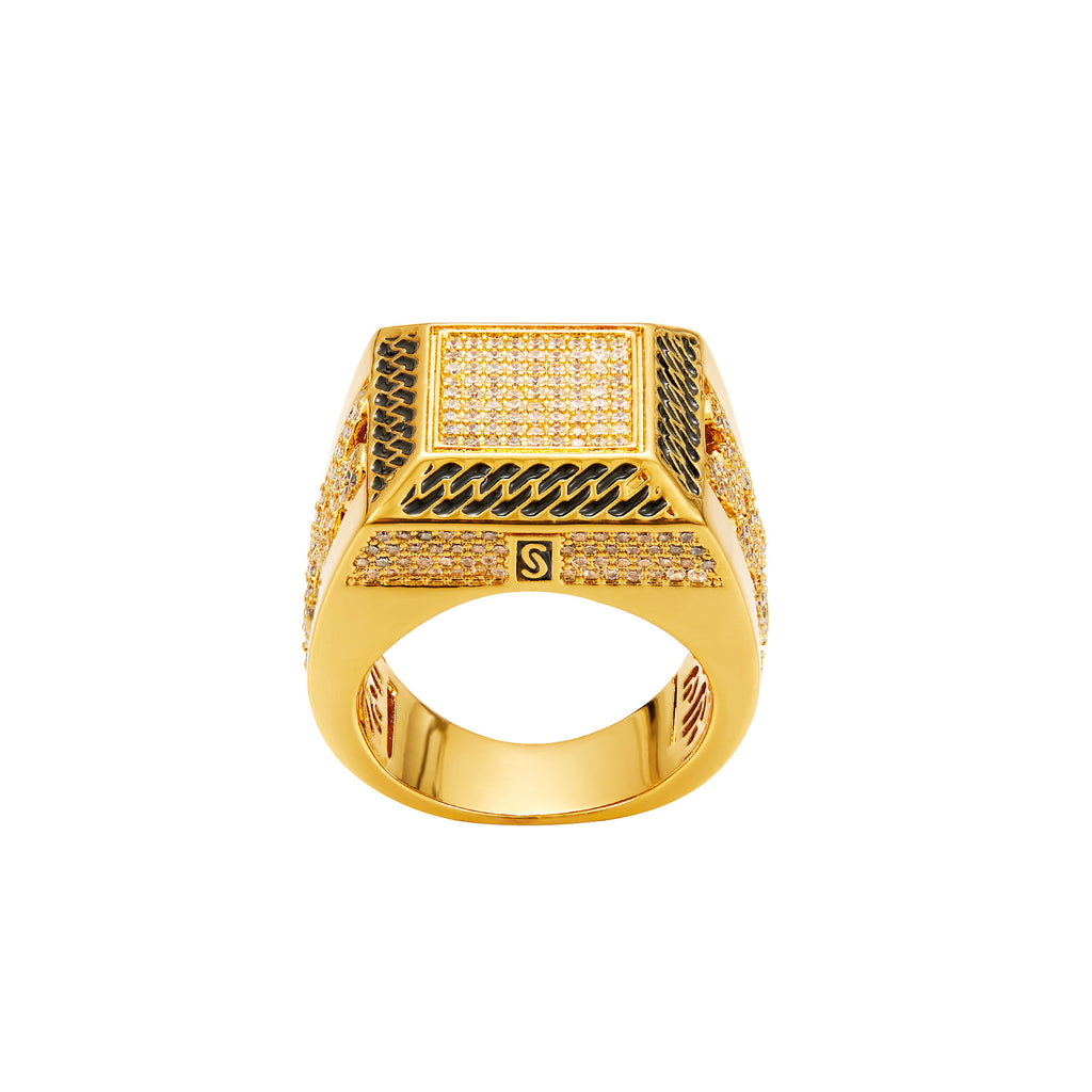 9019 |J| 18K Gold-Plated Stainless Steel Iced CZ Cuban Link Signet Ring