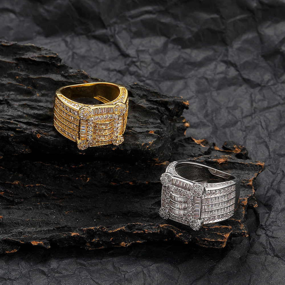 9022 |J| Silver-Plated Brass Iced Out CZ Baguette Square Ring