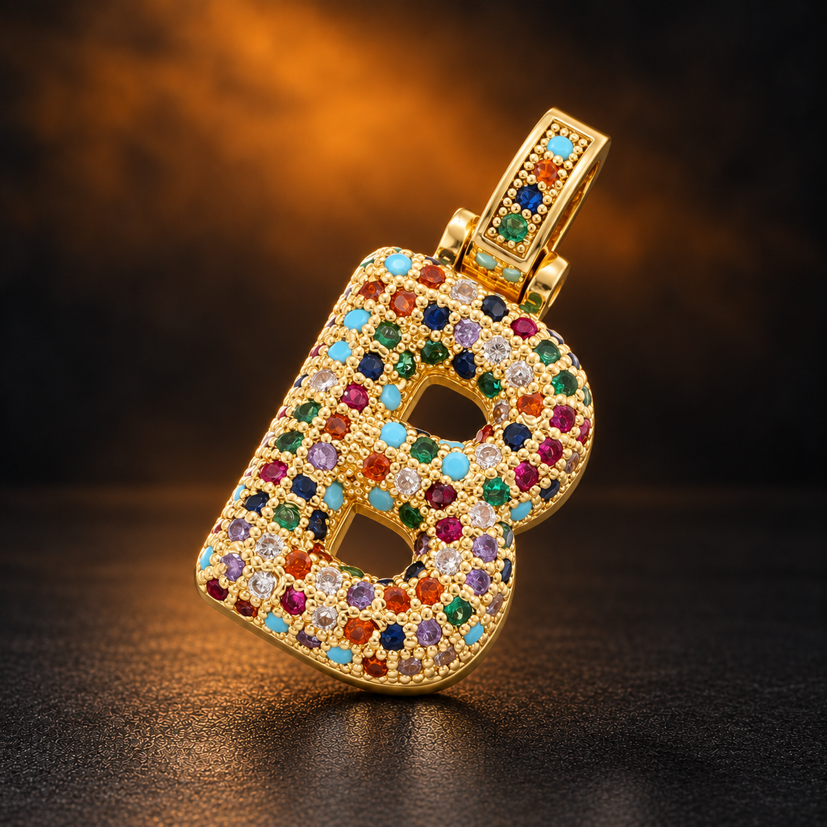 1150 |O| Multicolor CZ Bubble Initial Letter B Pendant | 18K Gold-Plated Brass