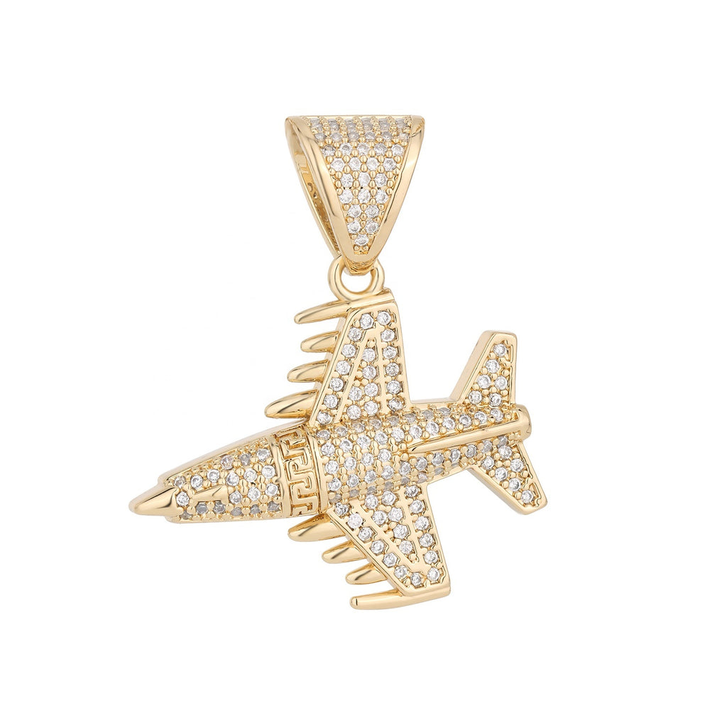 1139 |O| Brass Iced Out Clear CZ Fighter Jet Airplane Pendant | Gold-Plated