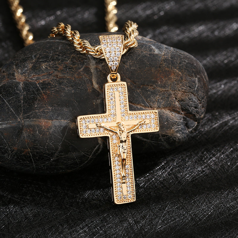 1146 |O| Brass Iced Out Jesus Crucifix Cross Pendant | Gold-Plated