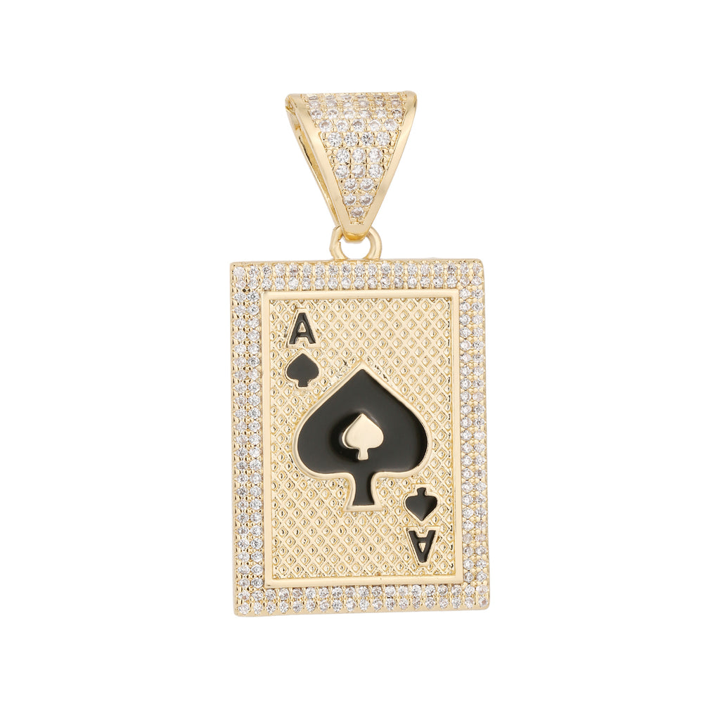 1140 |O| Brass Iced Out Ace of Spades Card Pendant | Gold-Plated