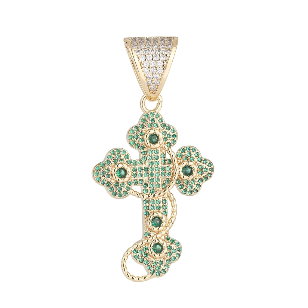 1149 |O| Brass Iced Out Green CZ Thorn Cross Pendant | Gold-Plated