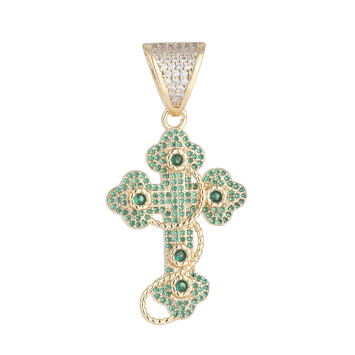 1149 |O| Brass Iced Out Green CZ Thorn Cross Pendant | Gold-Plated