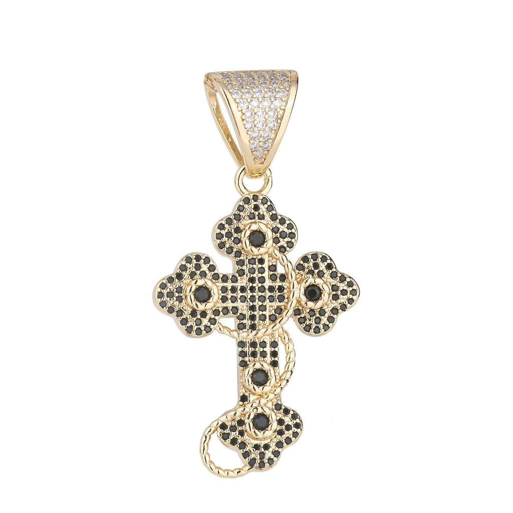 1147 |O| Brass Iced Out Black CZ Thorn Cross Pendant | Gold-Plated
