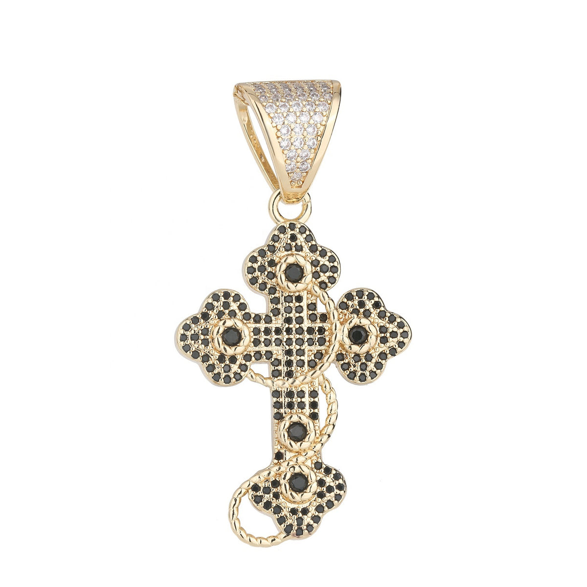1147 |O| Brass Iced Out Black CZ Thorn Cross Pendant | Gold-Plated