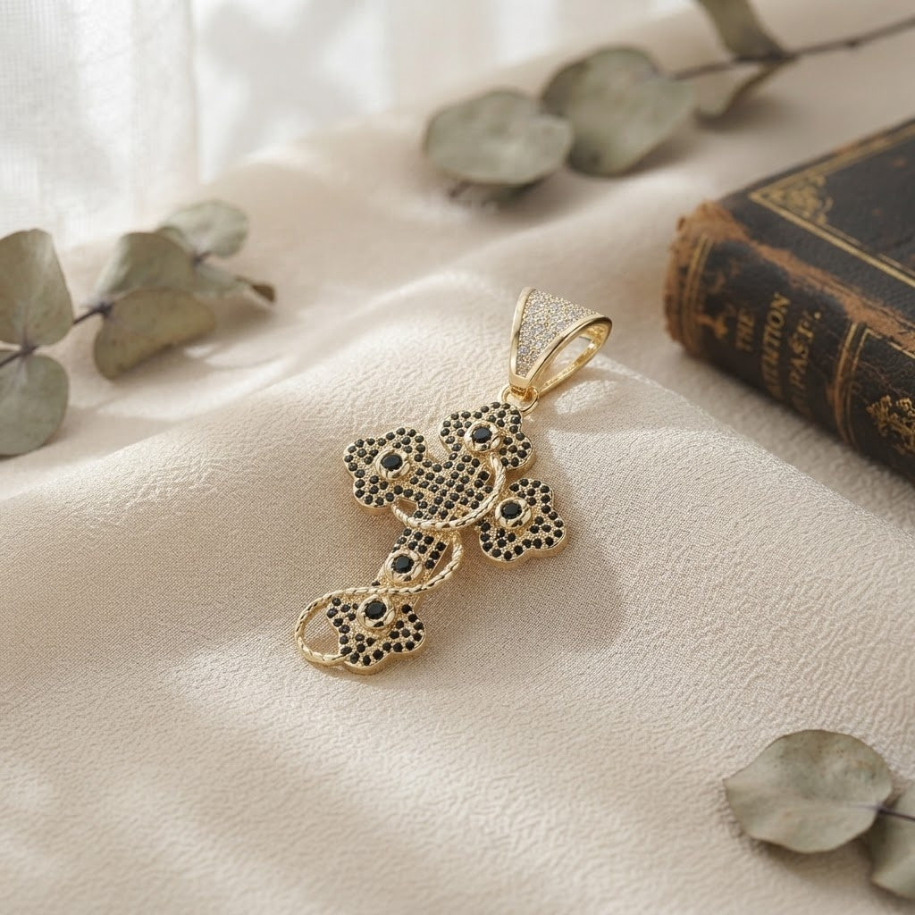 1147 |O| Brass Iced Out Black CZ Thorn Cross Pendant | Gold-Plated
