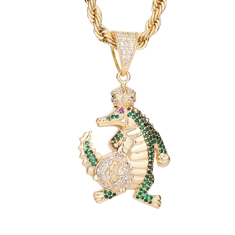 1145 |O| Brass Iced Out Crown Alligator Money Bag Pendant | Gold-Plated