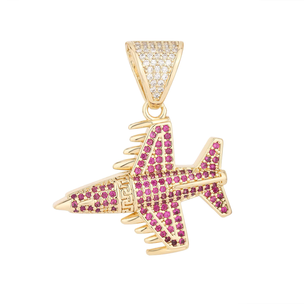 1138 |O| Brass Iced Out Red CZ Fighter Jet Airplane Pendant | Gold-Plated