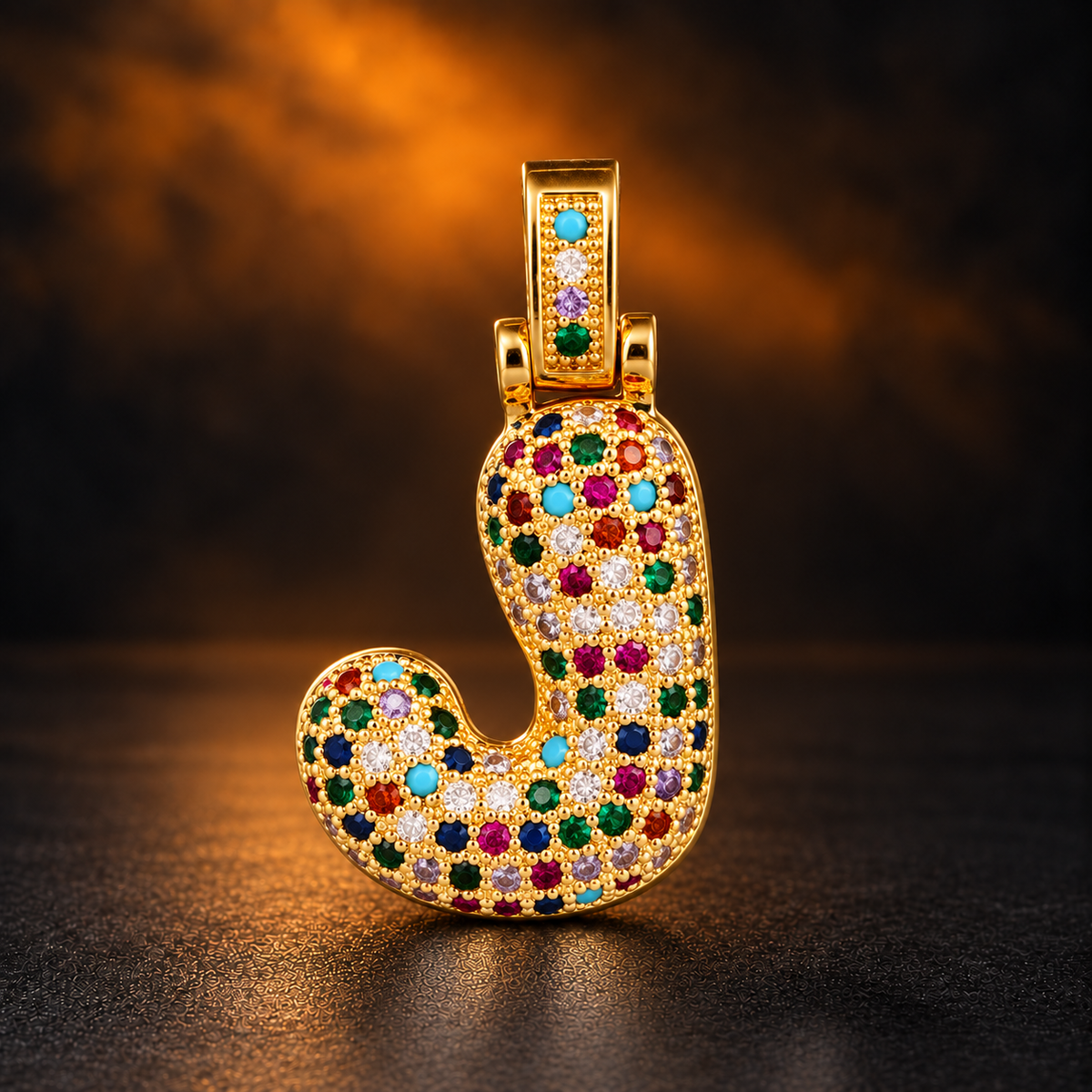 1151 |O| Multicolor CZ Bubble Initial Letter J Pendant | 18K Gold-Plated Brass