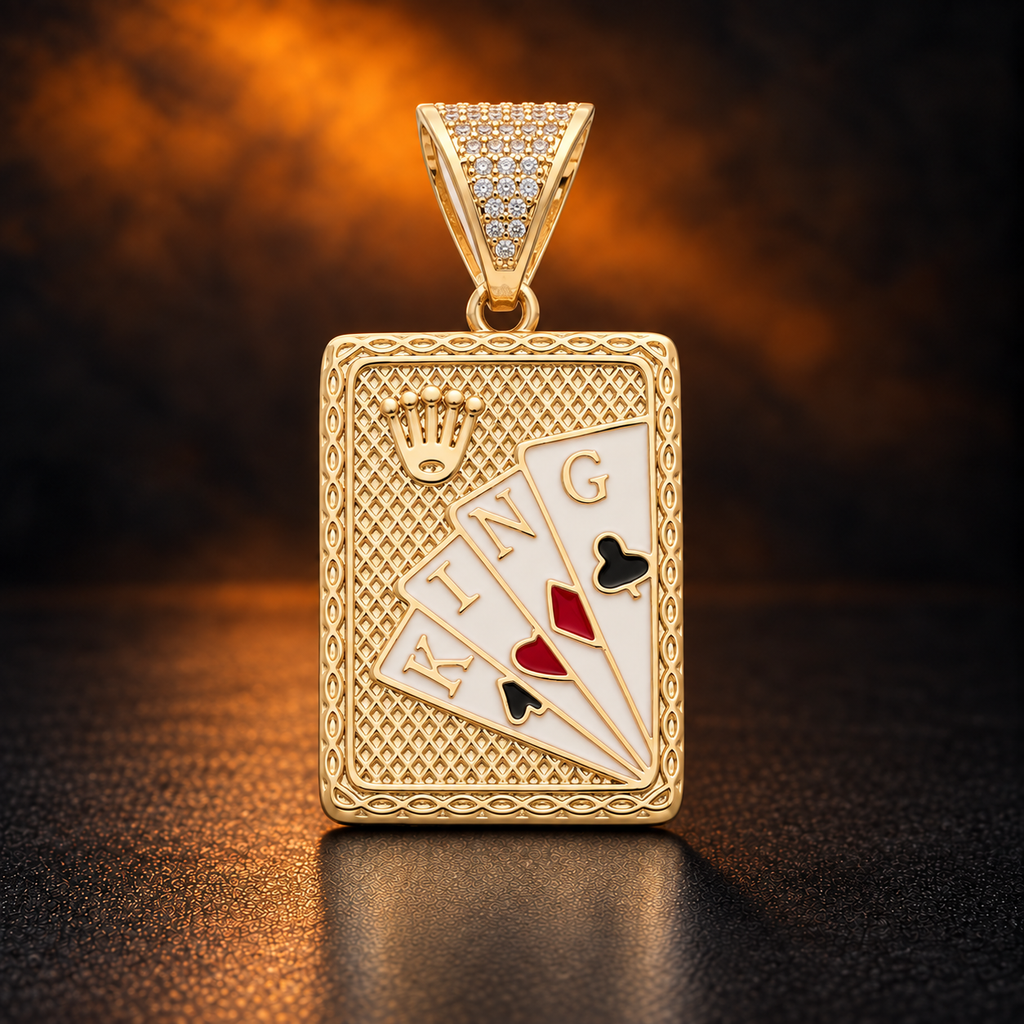 1142 |O| Brass Iced Out 4 Cards KING Cards Pendant | Gold-Plated