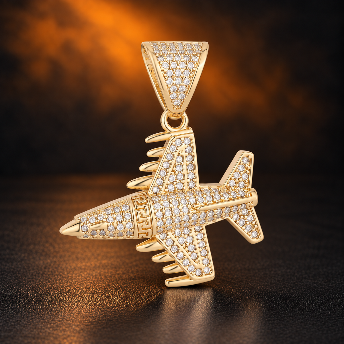 1139 |O| Brass Iced Out Clear CZ Fighter Jet Airplane Pendant | Gold-Plated