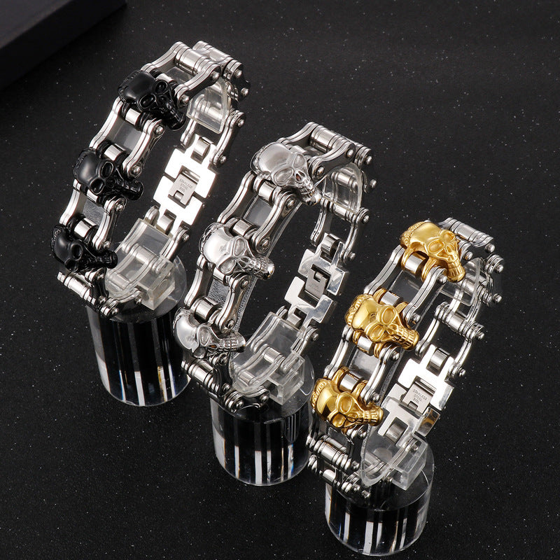 2021 |M| 316 Stainless Steel Two-Tone Skull Bike Chain Bracelet | 8.5 in