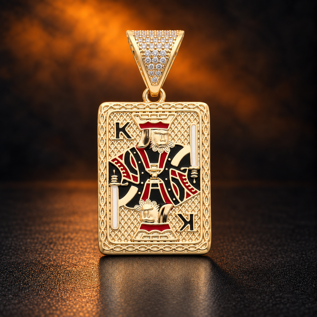 1143 |O| Brass Iced Out King Playing Card Pendant | Gold-Plated