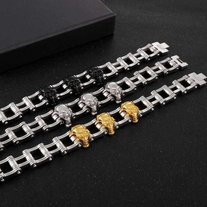 2021 |M| 316 Stainless Steel Two-Tone Skull Bike Chain Bracelet | 8.5 in
