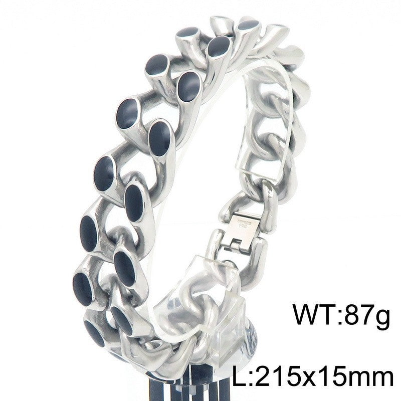 2019 |M| 316 Stainless Steel Silver-Tone Heavy Cuban Chain Bracelet with Black Enamel | 8.5 in