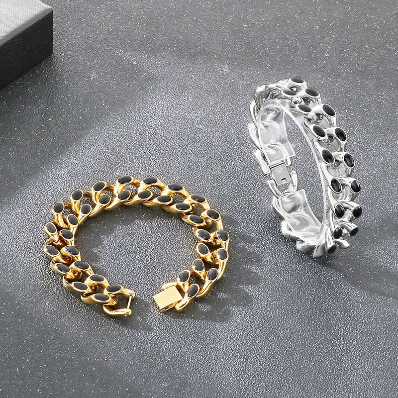 2019 |M| 316 Stainless Steel Silver-Tone Heavy Cuban Chain Bracelet with Black Enamel | 8.5 in