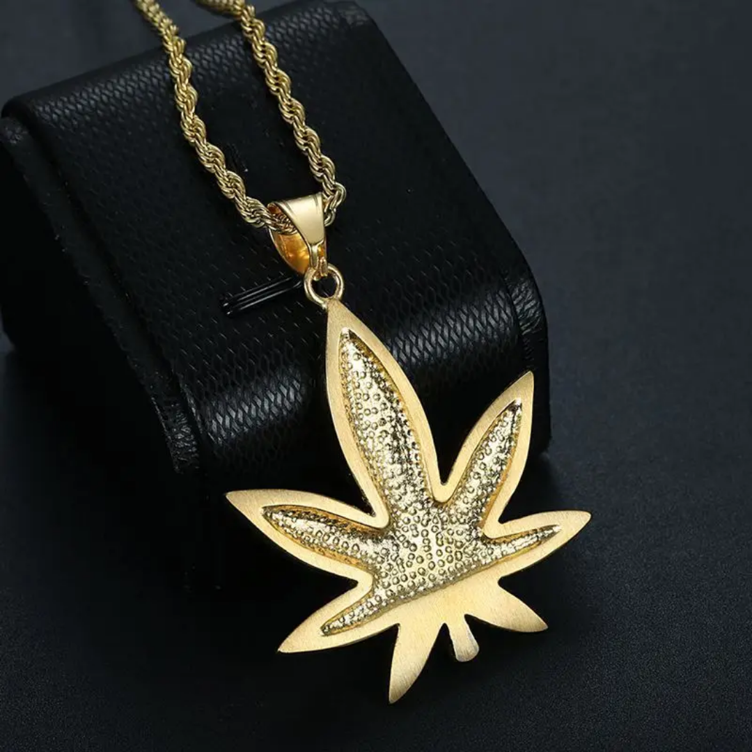 1080 Iced Leaf Rhinestone Pendant – Gold-Plated Stainless Steel