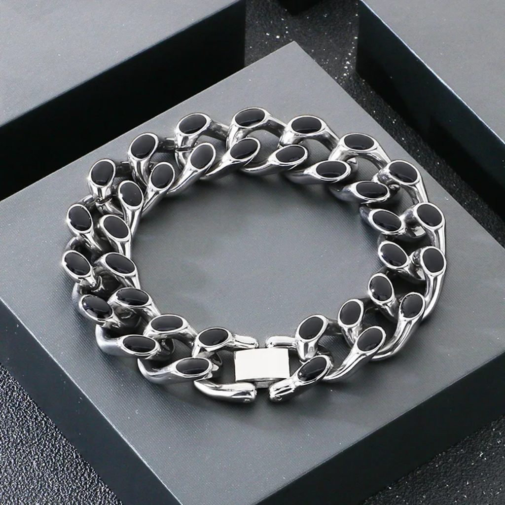 2019 |M| 316 Stainless Steel Silver-Tone Heavy Cuban Chain Bracelet with Black Enamel | 8.5 in