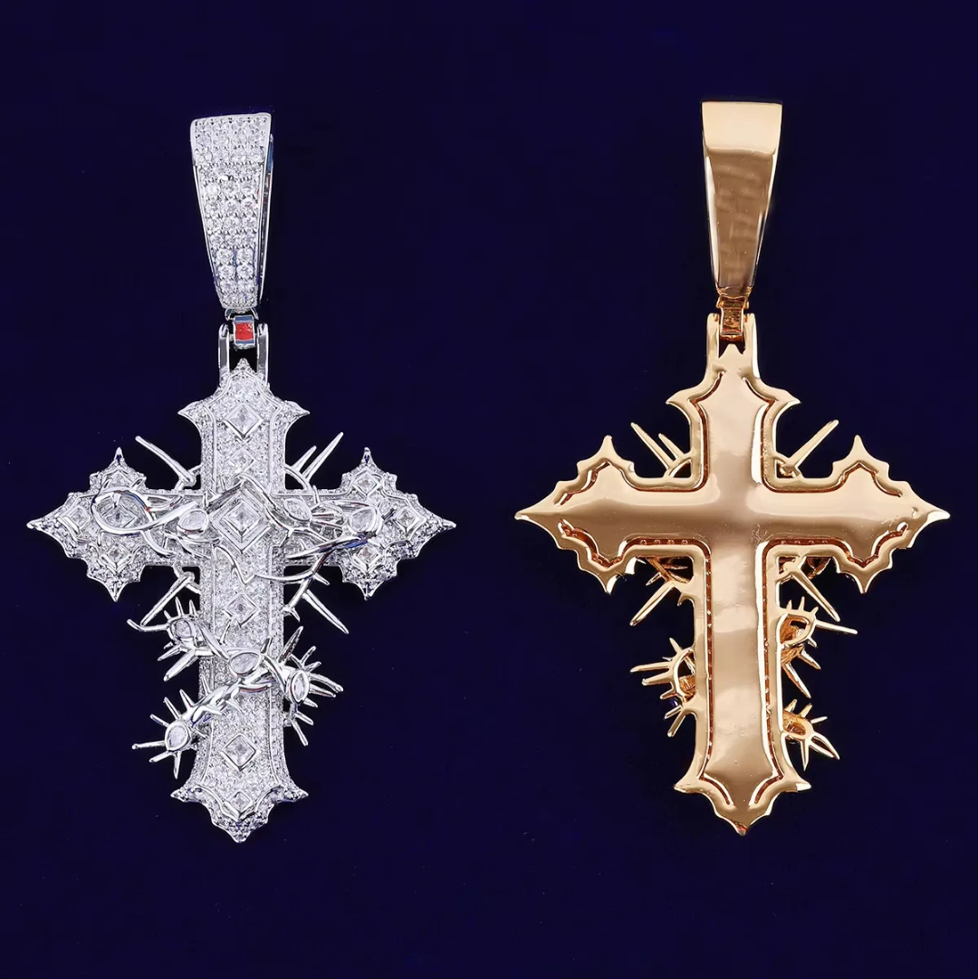 1137 |O| Brass Iced Out CZ Thorn Cross Pendant | Rose Gold-Plated, Gold-Plated or Silver-Plated