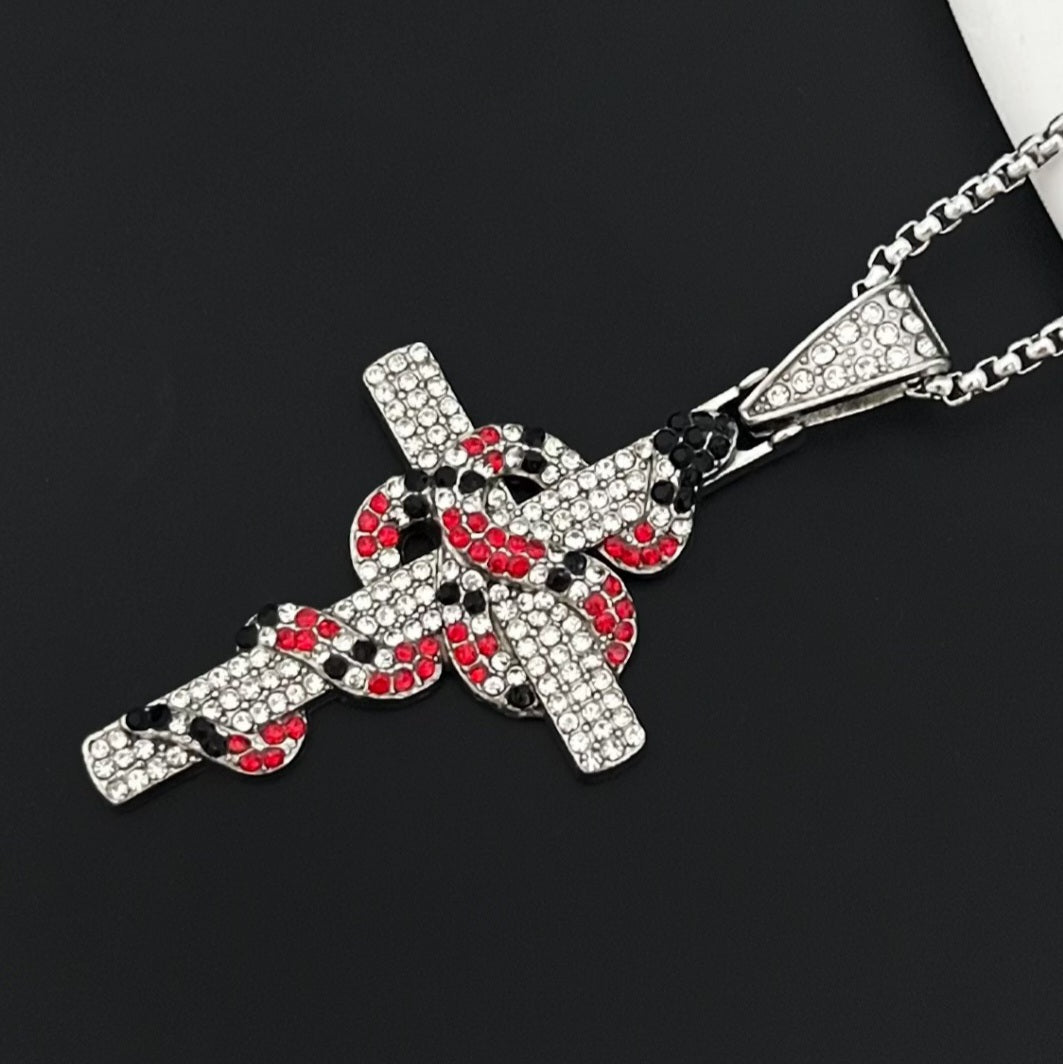 1025 Red Iced Snake Cross Pendant – Silver Tone Stainless Steel