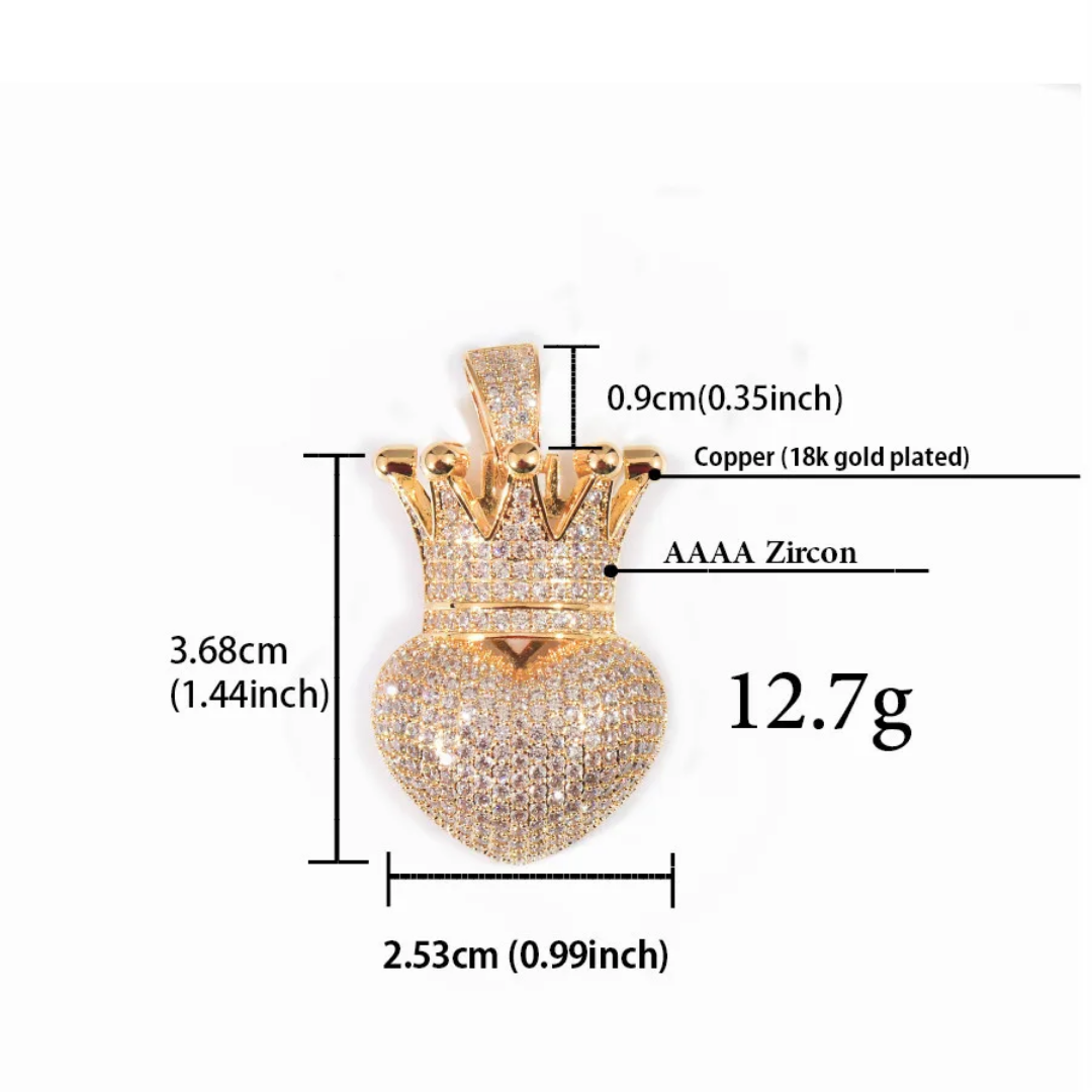 1136 |O| Gold-Plated Brass Iced Out 4A+ CZ Crowned Heart Pendant
