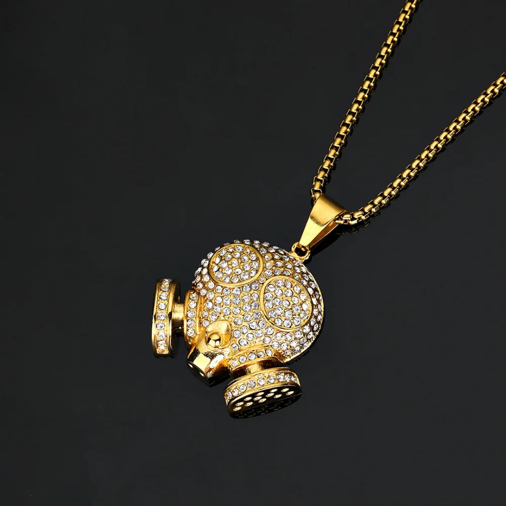 1111 Gold-Plated Stainless Steel Iced Gas Mask Skull Pendant