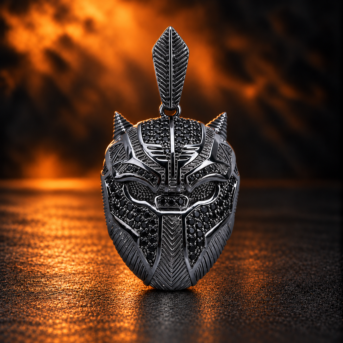 1171 |O| Black Plated Brass Iced Out Black Panther Mask Hero Pendant