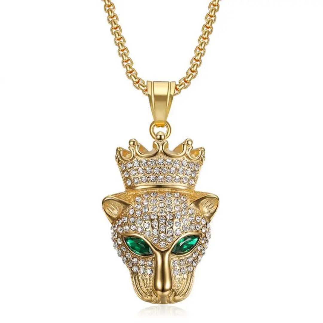 1122 Gold-Plated Stainless Steel Iced Crown Leopard Head Pendant