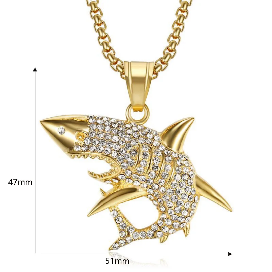 1103 Gold-Plated Stainless Steel Shark Pendant with Rhinestones – Unisex