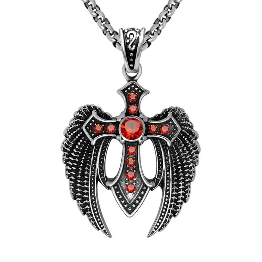 1064 Angel Wings Cross Rhinestone Pendant – Stainless Steel