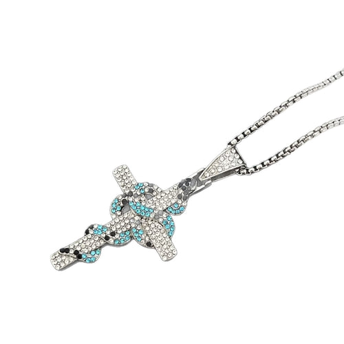 1026 Blue Iced Snake Cross Pendant – Silver Plated Stainless Steel