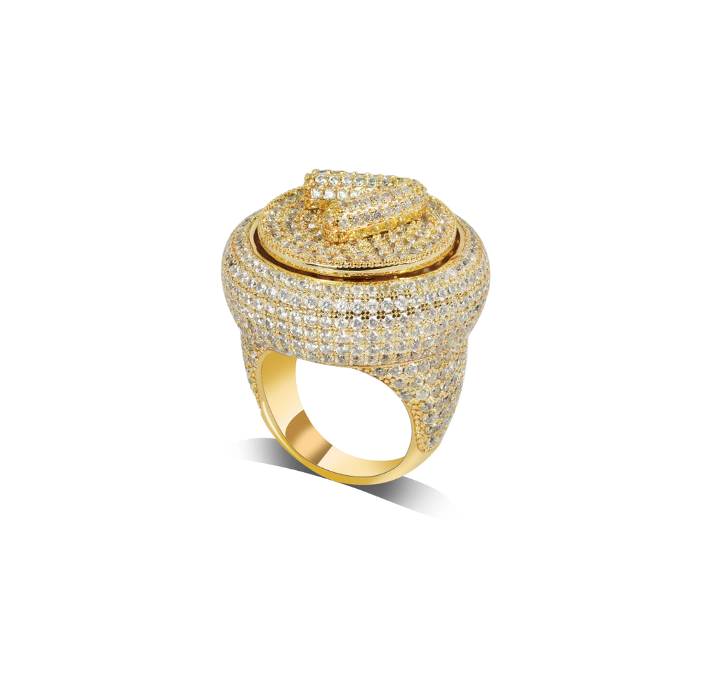 9025 |J| 18K Gold-Plated Brass Iced Out 5A CZ Letter V Victory Spinner Ring