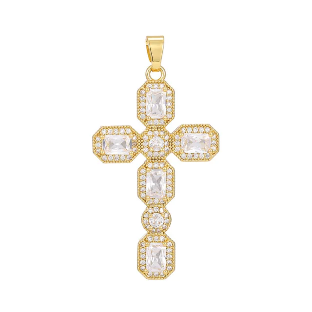 1120 18K Gold-Plated Brass Cross Pendant with Clear CZ