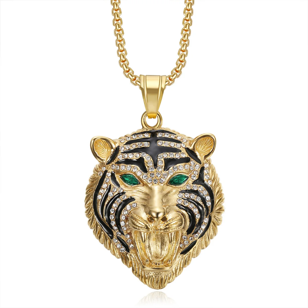 1068 Rhinestone Tiger Head Pendant – Gold-Plated Stainless Steel