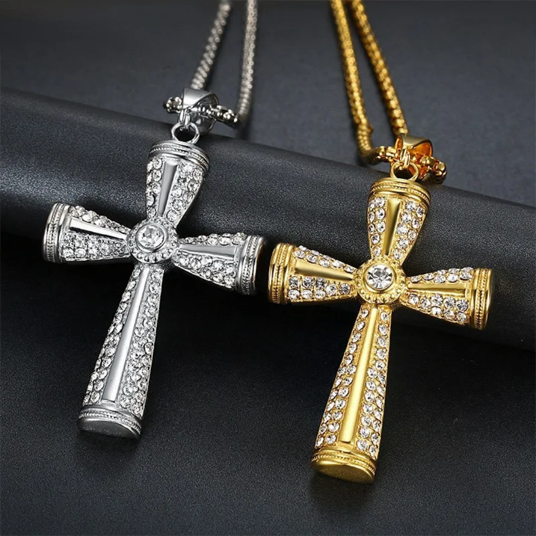 1086 Gold-Plated Stainless Steel Cross Pendant with Rhinestones – Unisex