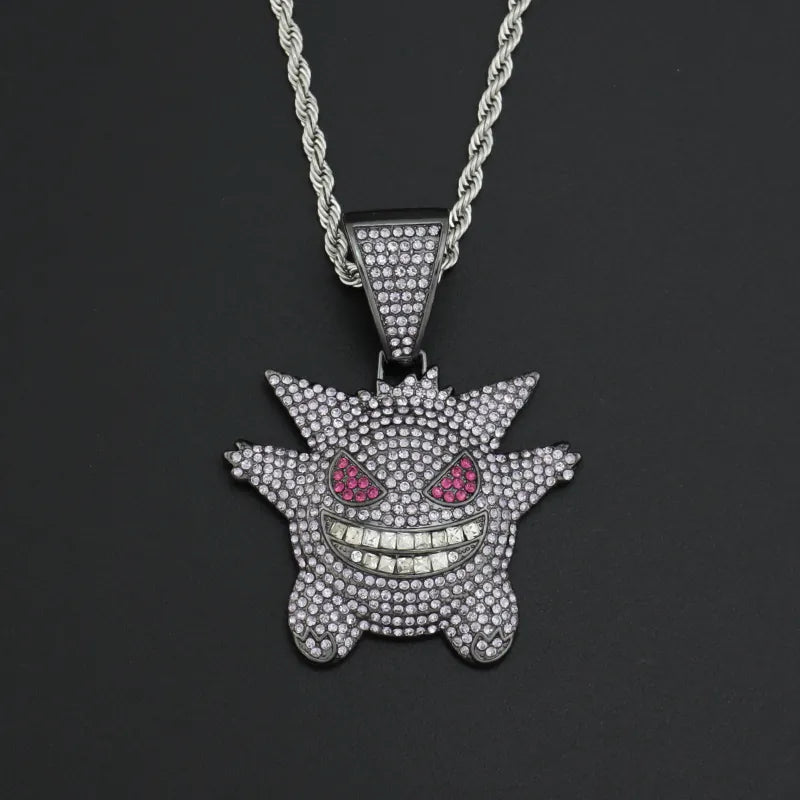 1093 Iced Grinning Monster Pendant – Purple Alloy, Rhinestones