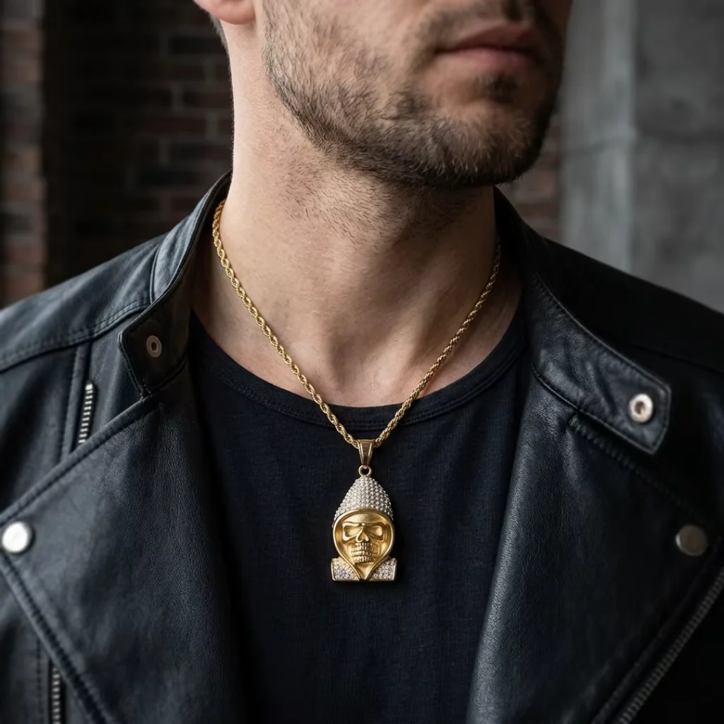 1024 HQ Iced Hooded Skull Rhinestone Pendant – 18K Gold Plated Stainless Steel