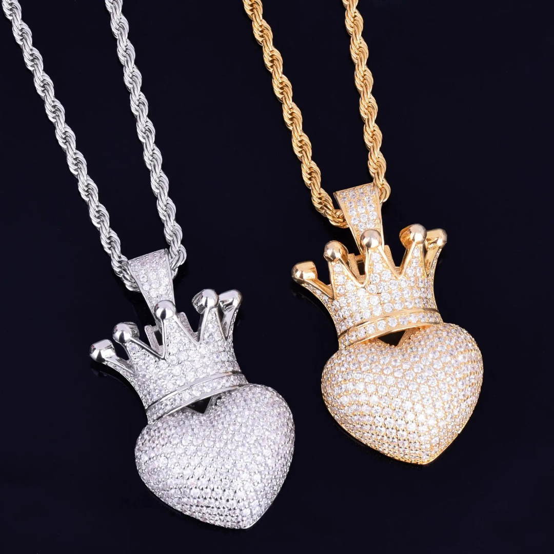 1136 |O| Gold-Plated Brass Iced Out 4A+ CZ Crowned Heart Pendant