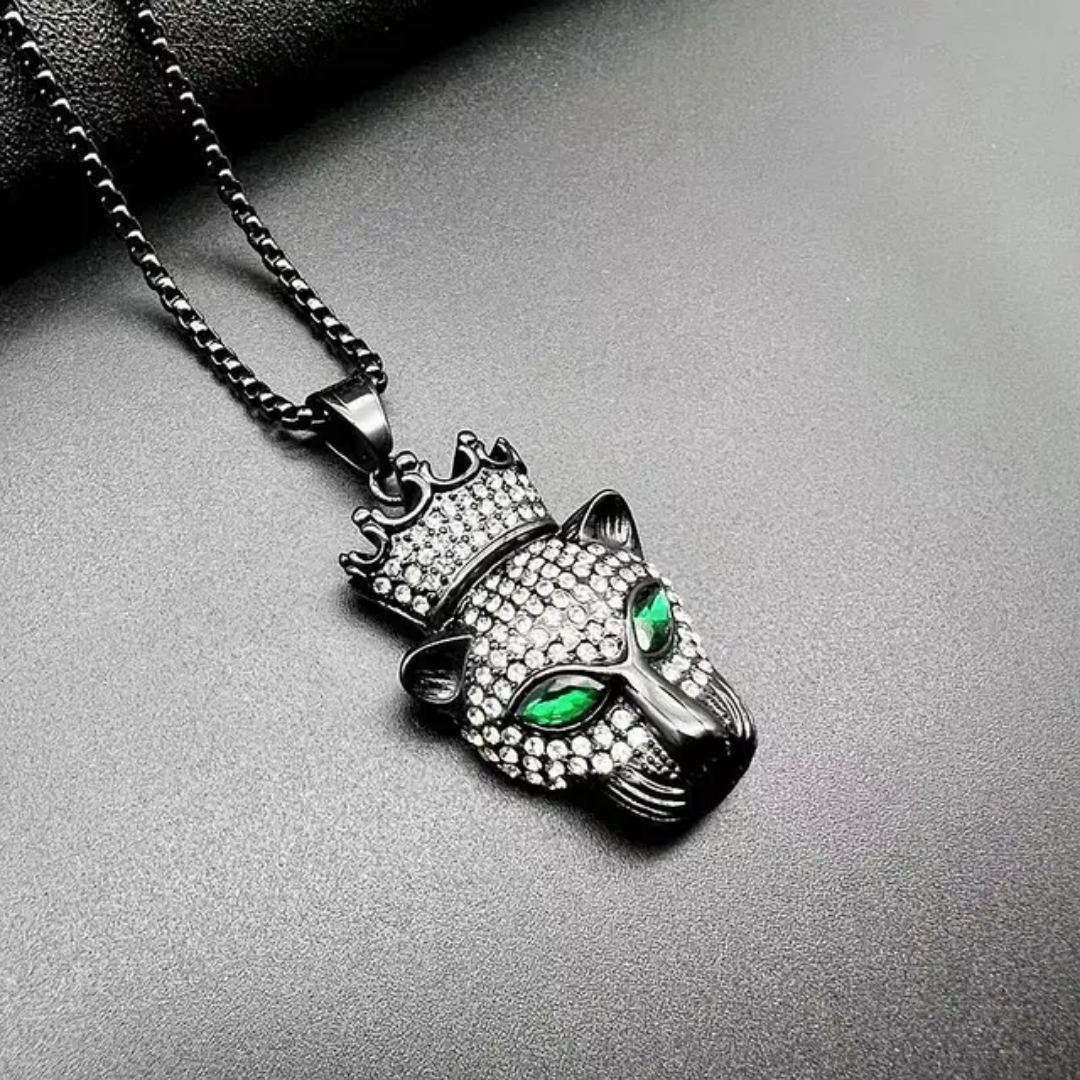1028 Iced Crowned Leopard Head Pendant – Black Plated Stainless Steel