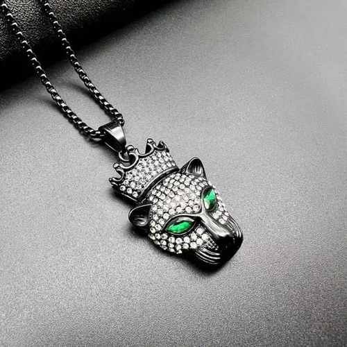 1028 Iced Crowned Leopard Head Pendant – Black Plated Stainless Steel