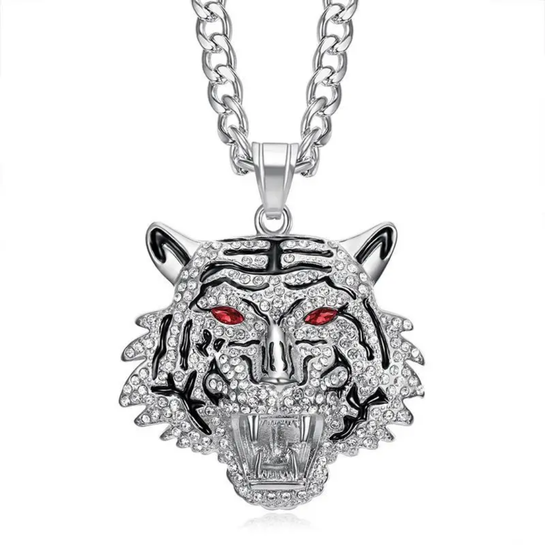 1075 Tiger Head Rhinestone Pendant – Stainless Steel – Red Eyes