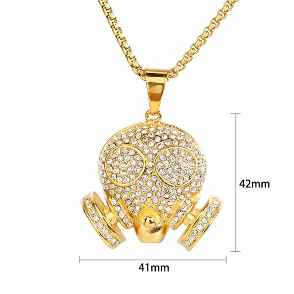 1111 Gold-Plated Stainless Steel Iced Gas Mask Skull Pendant