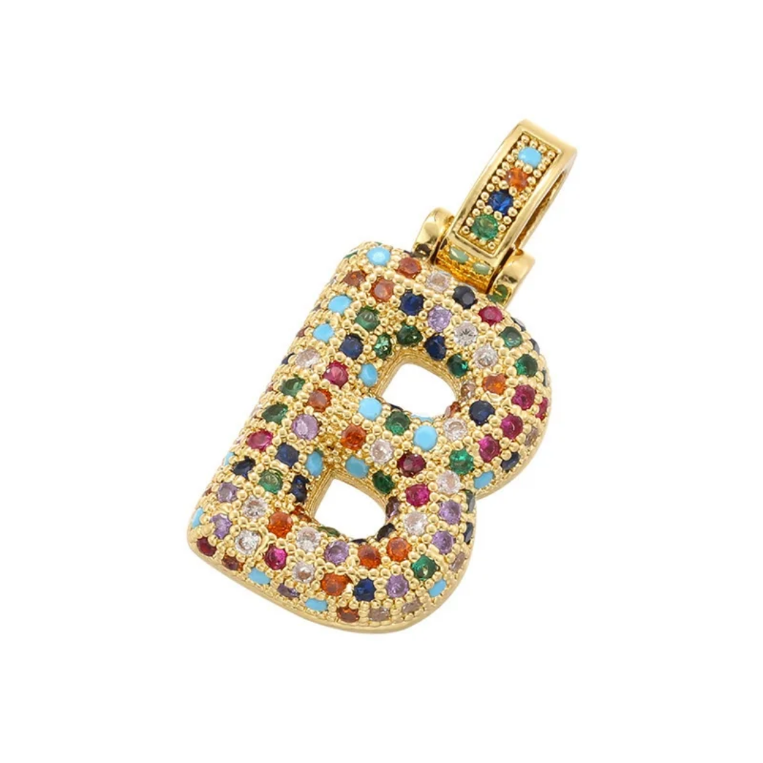 1150 |O| Copper Iced Out Multicolor CZ Bubble Initial Letter B Pendant | 18K Gold-Plated