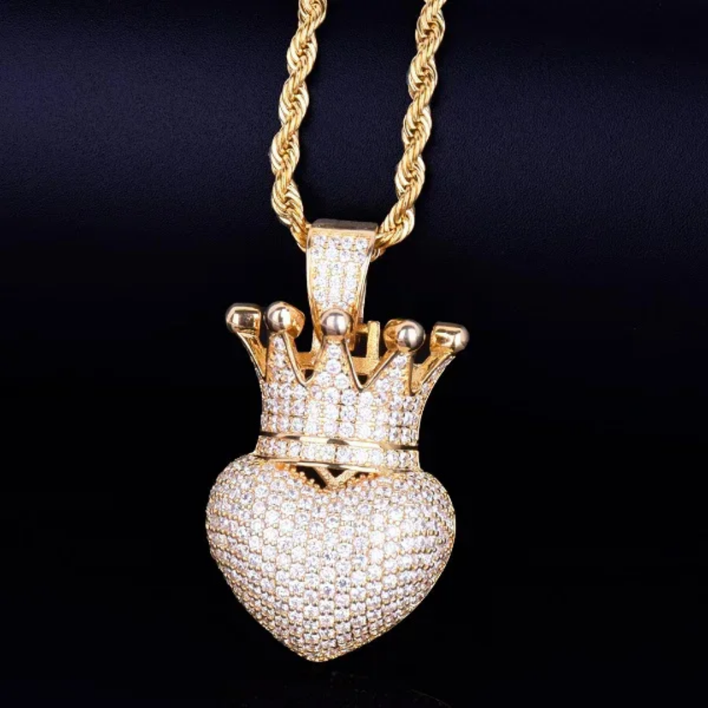 1136 |O| Gold-Plated Brass Iced Out 4A+ CZ Crowned Heart Pendant
