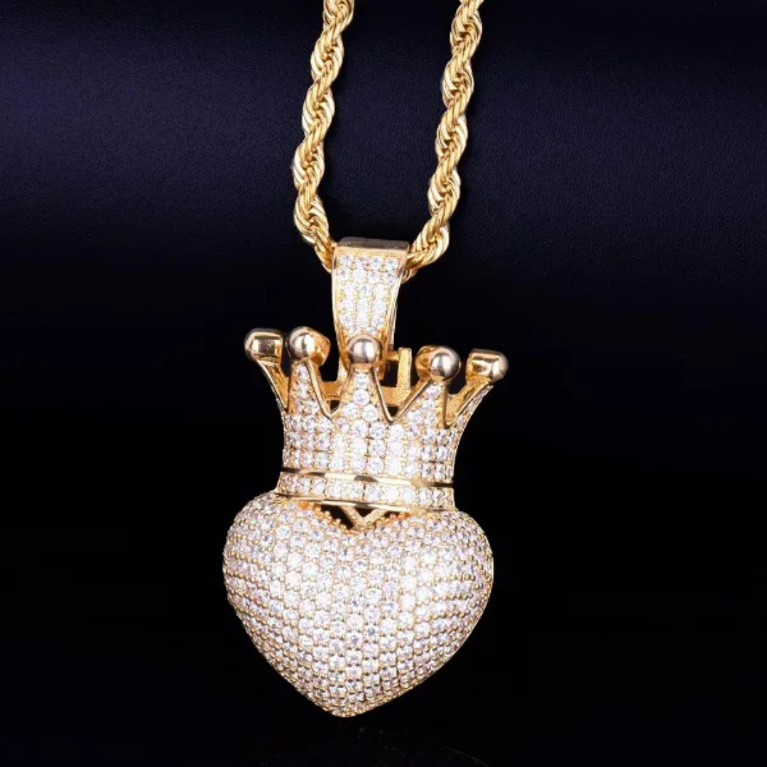 1136 |O| Gold-Plated Brass Iced Out 4A+ CZ Crowned Heart Pendant