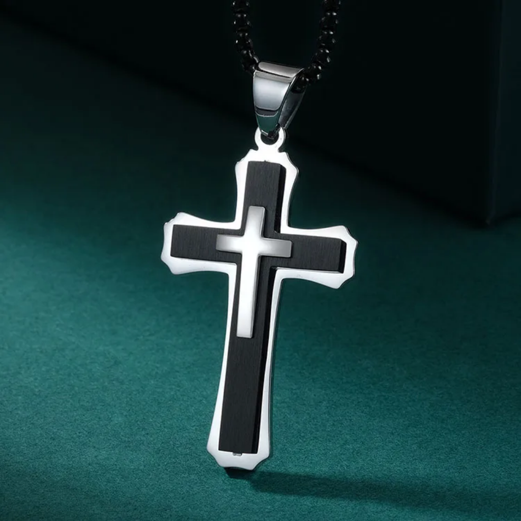 1115 Black & Silver Stainless Steel Three-Layer Cross Pendant