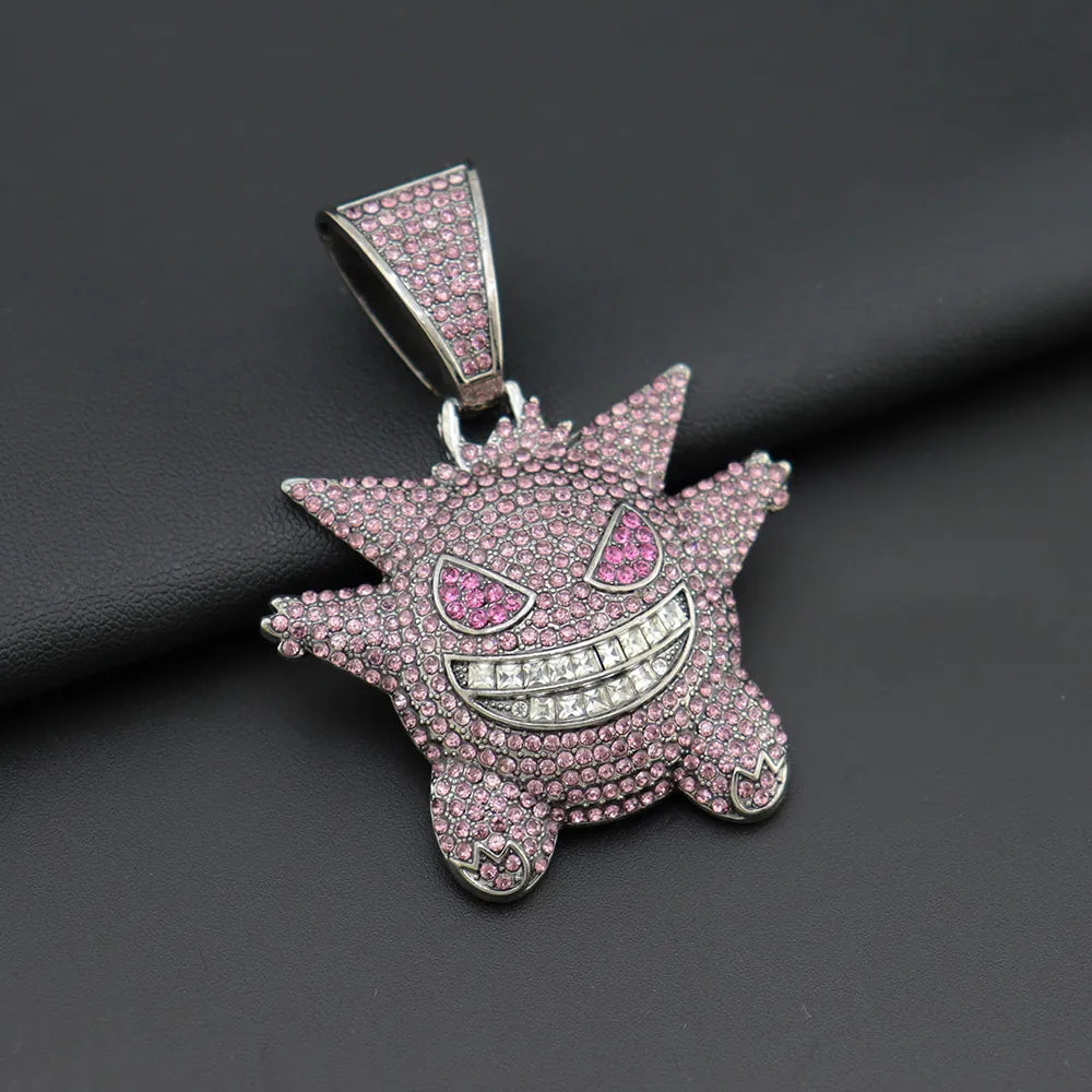 1094 Iced Grinning Monster Pendant – Pink Alloy, Rhinestones