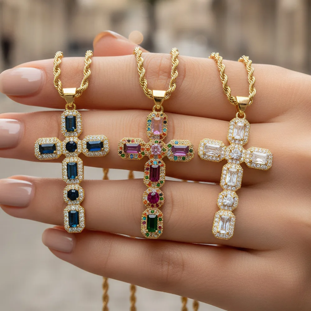 1120 18K Gold-Plated Brass Cross Pendant with Clear CZ